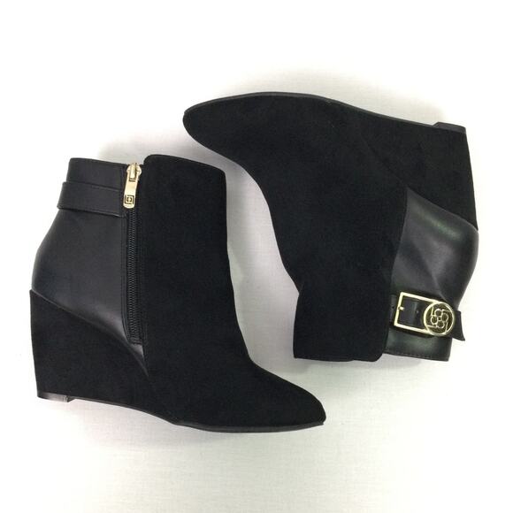 Liz Claiborne Vegan Leather Memory Foam Wedge Gold Tone Buckle Ankle Bootie 7M - Picture 9 of 13